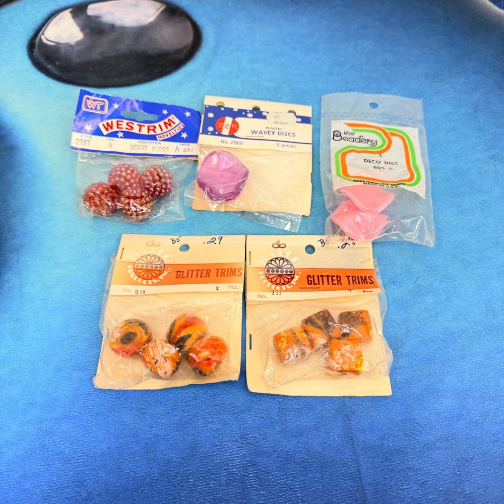 Vtg NOS Craft Bead Lot Walco Glitter Trims Westrim Berry Beads The Beadery Disc